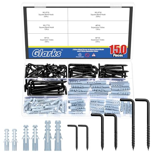 Glarks 150pcs M2.8/3.7/3.8 Vite a forma di L nera in ganci con kit di fibbia di sicurezza, includono gancio a angolo retto 75pcs tubo di espansione in plastica 75pcs, gancio auto-tapping quadrato