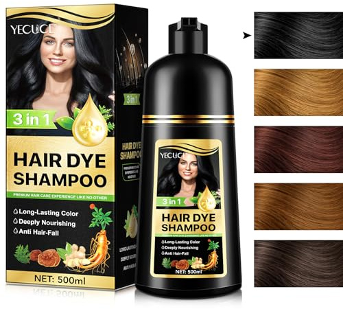 Black Hair Dye Shampoo 3 en 1, Champu Tinte Negro para Cabello, Brown Hair Dye Shampoo, Champu para Canas, Champú Color tinte de pelo en minutos Champú tinte Mujer y Hombres, 500ML (Negro)