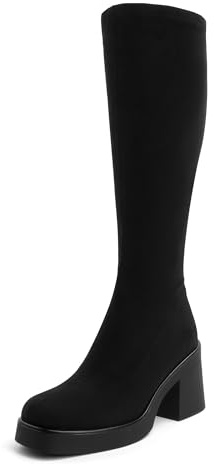 AprCoco Knee High Boots for Women GoGo Boots Platform Square Toe Womens Chunky Heel Side Zipper Boot,Size 11，Suede Black