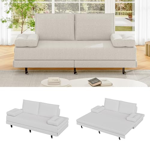 Yeutre Canapé Convertible 2 Places, Canapé lit rembourré avec Dossier, accoudoirs et Coussins, lit gigogne Double, canapé Multifonctionnel en Tissu Lin pour Salon, Chambre d'amis (Beige)