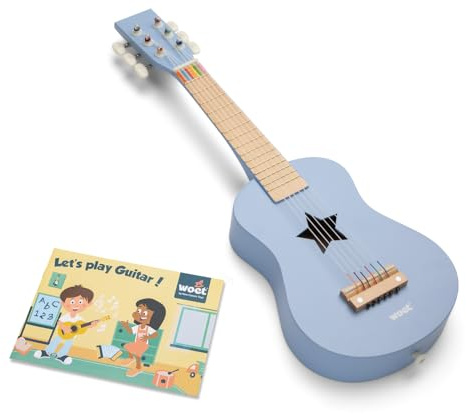 Woet® Guitarra de Juguete Azul de Madera para Niños, 6 Cuerdas de Nailon con Correa, Cuerda de Repuesto y Libro Musical de Colores con 3 Canciones, Instrumento Educativo, A Partir de 3 Años