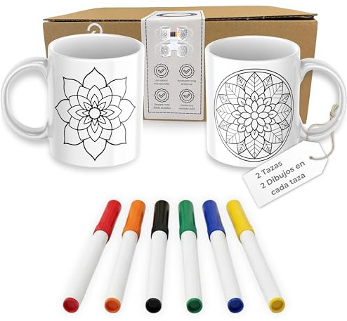 Quodelo Kit Tazas de Cerámica para Pintar y Hornear – Pack 2 Tazas + 6 Rotuladores – Kit Mandalas para Personalizar – Regalo Adultos