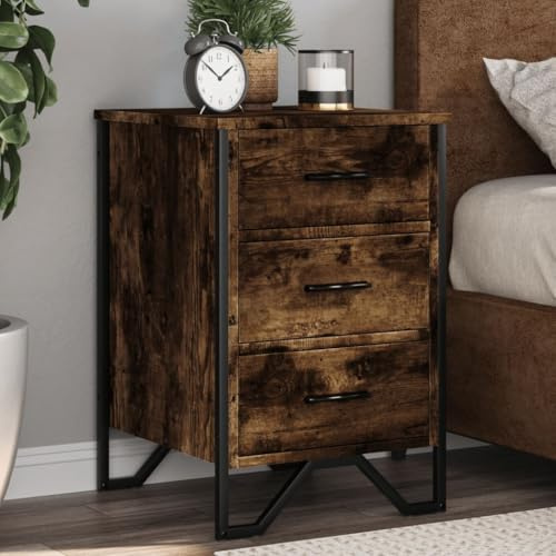 Mandloder Mesita de noche de roble ahumado, 40 x 41 x 60 cm, madera, 3 cajones, patas de metal, mesa auxiliar moderna para dormitorio, salón