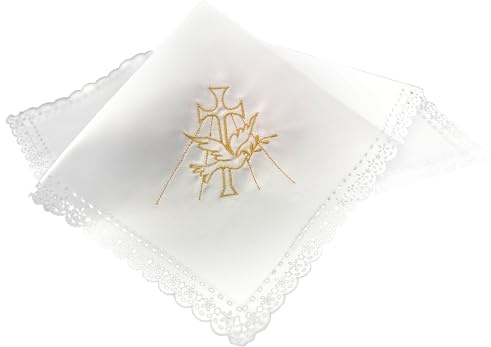 Lunexus Panno decorativo per battesimo 35 x 35 cm, bianco con ricamo dorato a croce e colomba e bordo in pizzo, panno decorativo per battesimo, candela, pietra per battesimo, comunione, cresima e