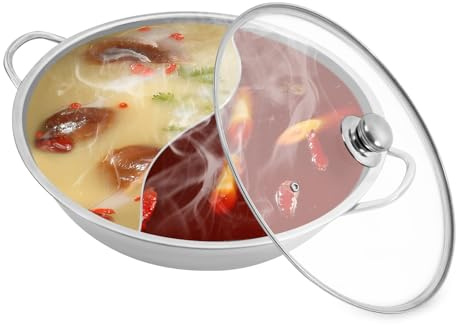 Hot Pot med skiljevägg och glaslock för induktionsspis, rostfritt stål shabu kastrull med 34 cm diameter, dubbelsidig, fondue-kruka för matfester, studentboende, hem