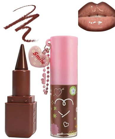 Närande läppglans med brun läppkonturpenna läppkombinationsset, naturlig högglans nude lip glow-olja, icke-lim, långvarig (naken)