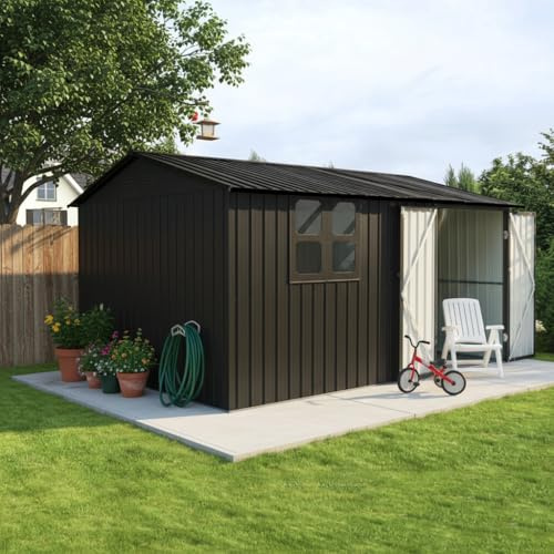 Capanno da giardino in metallo, 362 x 285,5 cm, resistente alle intemperie, con finestra, porta richiudibile e tetto a sella, 10,34 m², per giardino, terrazza e cortile, marrone/nero (nero)