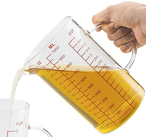 Glass Measuring Cup with Handle, Three Scales (OZ, Cup, ML), V-Shaped Spout, Measuring Beaker for Kitchen or Restaurant, Easy to Read, by TIYOORTA (1000ML RED)