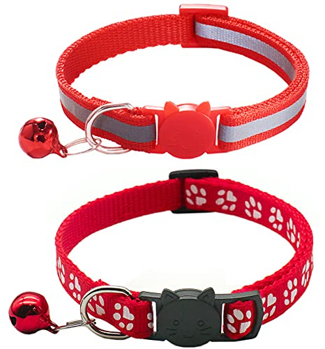 Qinao 2Pack Cat Collars Quick Release Reflective Kitten Collar with Bell & Safety Release (Red)