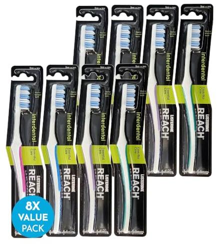 REACH Essential Care Interdental Duro Spazzolino, Confezione Singolo x 8, Testa piena Hard Setole Spazzolini manuali, Varietà di colori Multipack, Quotidiano Orale Smalto Cure odontoiatriche