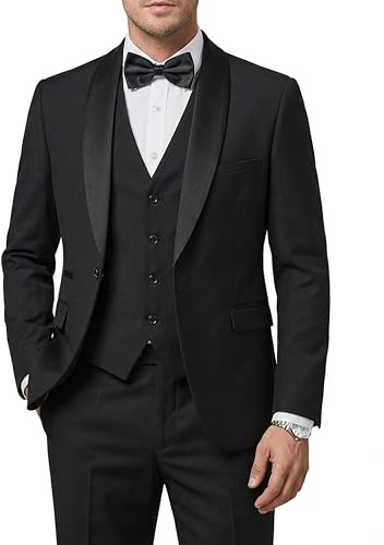 Hihawk Men's 3 Piece Slim Fit Solid Tuxedo with Stretch Fabric, One Button Shawl Collar Jacket Vest Pants with Bow Tie. Black Large
