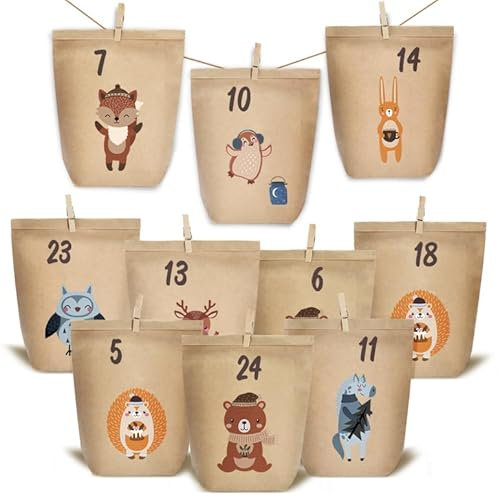 KOHMUI Adventskalender zum Befüllen, 24 Weihnachtskalender Papiertüten zum Selber Basteln, DIY Geschenktüten zum selbst füllen, Kraftpapiertüten Advents Tüten Selbstbefüllen für Kinder
