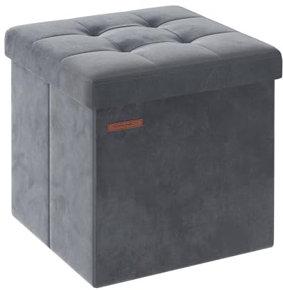 SONGMICS Storage Ottoman, Foldable Small Ottoman Foot Rest, 38 x 38 cm Foot Stool, Ottoman with Storage, Load up to 300 kg, for Living Room, Bedroom, Dorm, Slate Grey LSF227G51