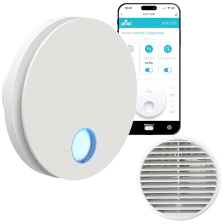 plikc - Aspiratore WIFI da parete ad aspirazione assiale serie Ario W con sensore di Umidità e Timer - 100% MADE IN ITALY + Griglia da muro (Foro Ø 90, Bianco)