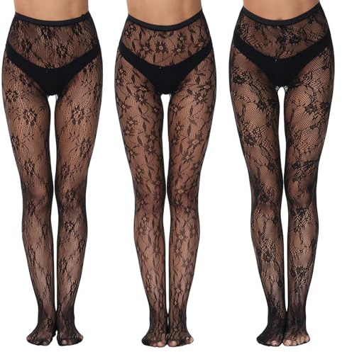 Bisienya 3 Pairs Women's Patterned Fishnet Tights Floral Patterned Fishnet TightsLace Pantyhose High Waist Fishnet Stockings Fashion Black Patterned Tights Leggings for Women