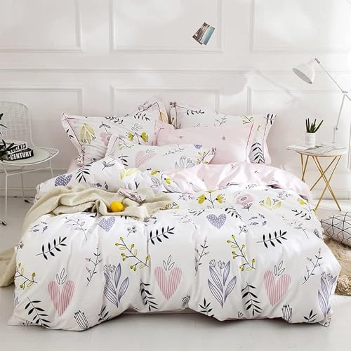 Sedefen Housse de Couette 200x200cm Rose Blanc Feuilles Floral Fleurs Ado Adultes Parure de Lit 2 Personnes Motif du cœur Réversible Housse Couette en Microfibre avec 2 Taies d'oreiller 65x65 cm