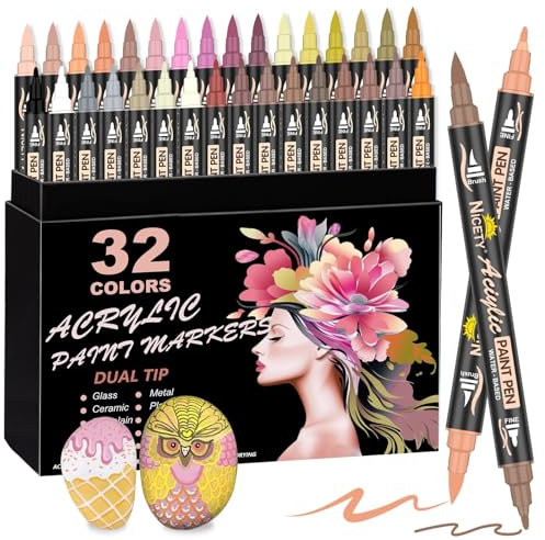 NICETY 32 Stück Acrylstifte für Steine Wasserfest - Dual Tip Acrylmarker Multimarker für Steine Bemalen Holz Stein Stoff Glas Keramik,0.5-5mm Acrylfarben Stifte Acrylic Paint Marker (Hauttöne)