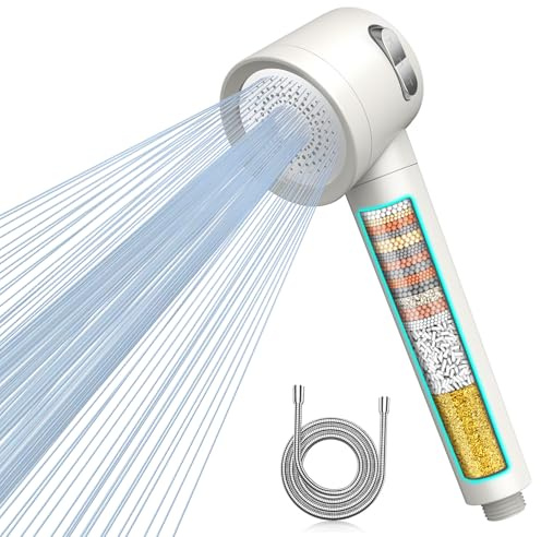MEKO High Pressure Filter Shower Head for Hard Water UK,1.5m Hose,3 Modes | Power handheld Shower Head with Massage Brush,Water Saving,15 Stage Shower Filter for Residual Chlorine Removal,White