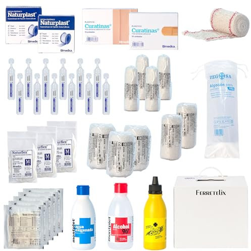 FERRETELIX Kit di rifornimento Armadio/valigetta kit di pronto soccorso con prodotti omologati in conformità alla normativa CE Made in Spagna DATA DI PRODUZIONE 2025 F