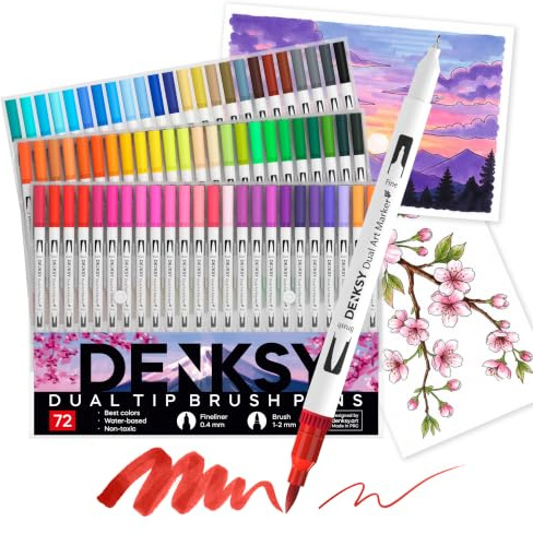 72 Watercolour Markers Set | Water Colour Pens with Brush & Fineliner, Water-Based Art Markers | Dual Tip Markers for Adult Colouring, Lettering, Calligraphy, Sketching, Journaling & Illustration