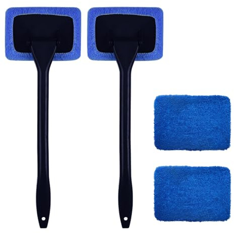 SYEYCW 2 Piezas Azul Cepillo Limpiacristales, Limpiador de Parabrisas de Coche, Cepillos de Limpieza con 4 Almohadillas de Microfibra Lavables, Limpiador Parabrisas de Mango Largo, para la Niebla