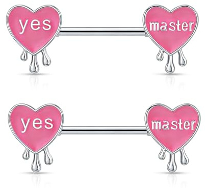 FAYERXL Nipple Piercing Jewelry 14G ​Pink Nipple Rings,Surgical Steel Heart Nipple Barbells Body Piercing Jewelry Kit Naughty Outfits for Women (yes master)