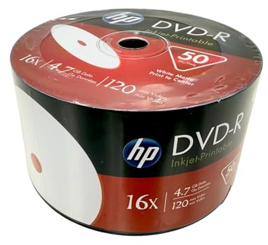 HP DVD-R Blank Disc White Inkjet Hub Printable, 16X , 4.7GB, 50 Pieces
