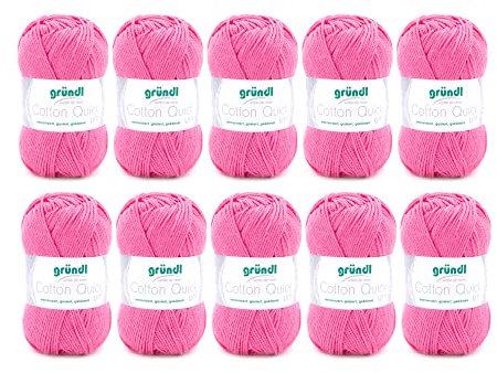 Gründl Wolle Cotton Quick uni - Wolle zum Häkeln aus 100 % Baumwolle - Wolle zum Stricken - glänzendes Baumwollgarn 10 Knäuel 50 g / 125 m - Himbeere