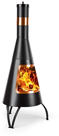 blumfeldt Volantis - Gartenkamin, Terrassenofen, Aztekenofen, FireView, Stahl, rostfrei, Moderne Optik mit kupferfarbenen Elementen, stabil, kippsicher, überdachter Rauchabzug, schwarz