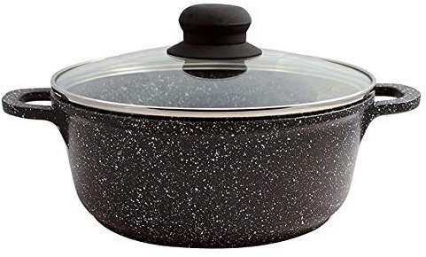 Vulcania Casseruola in Alluminio Pressofuso, CM.32, Nero, Antiaderente, Rivestimento in Pietra Lavica, Compatibile con Induzione, con Coperchio in Vetro