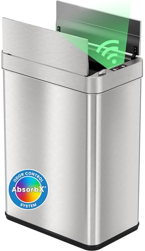 iTouchless 50 Liter / 13 Gallon Wings-Open Lid Sensor Kitchen Trash Can with Odor Filter – Dog-Proof Slim Automatic Stainless Steel Garbage Recycling Bin for Home, Office, Bedroom, Business or Garage