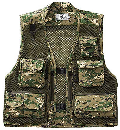 Outdoor-Weste Sommer Anglerweste Superleichte Atmungsaktive Netzweste für Fotografie und Wandern Mutil-Tasche Damen Herren (Grüne Tarnung, EU XL (Asia XXL))