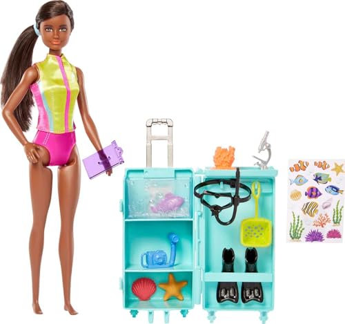 Barbie You Can Be Anything Series, Meeresbiologin, Puppe mit schwarzen Haaren, Badeanzug, Delphin, Schnorchelausrüstung, Delphin, Zubehör, Geschenk für Kinder, Spielzeug ab 3 Jahre,HMH27