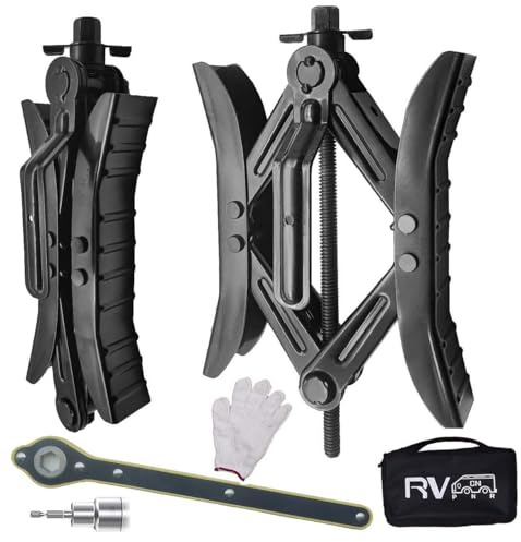 RVPNR Camper Wheel Chock Stabilizer, RV X Chocks Wheel Stabilizer, Wheel Chock Scissor 2 Sets Tire Locking Chocks Accessories with Ratchet,hex Socket, Tool Kit, Gloves (Black)