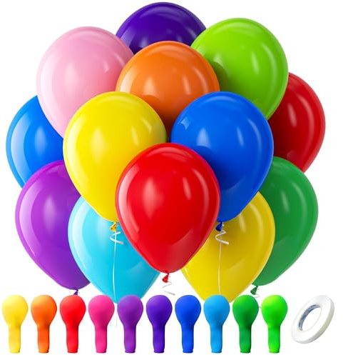 Bezente Assorted Rainbow Latex Balloons, 100 Pack 12 inch Round Helium Bright Color Balloons for Birthday Bridal Shower Wedding Party Decorations