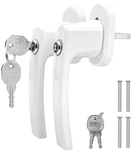 Avesteir 2 pcs manilla ventana aluminio con llave, manivela puerta blanco con cerradura Seguridad para niños, Manija de Balcón con Tornillos, Adecuado para la mayoría de las ventanas (Blanco)