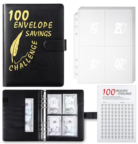100 Envelope Challenge Binder, 25 Sheets Silkscreen Numbers to 100, Not Stickers, Reusable Tracker, Easy and Fun 100 Envelopes Money Saving Challenge Save $5050, Budget Planner & Saving Money (Black)