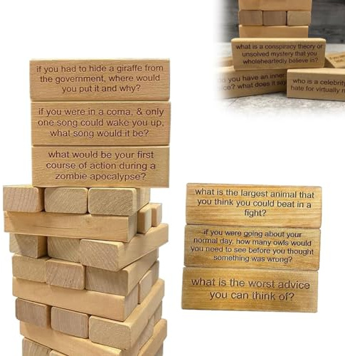 LUCKKY 54Pcs Ice Breaker Questions Tumbling Tower Game, Questions Brise-Glace Jeu de la Tour de culbuto, Jeu de Tour de culbutage de Questions,Jeu de Tour d'empilage de Blocs de Bois Amusants