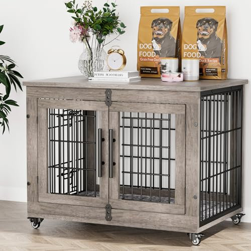 Lulive Meubles de cage pour chiens de taille moyenne, 81,3 cm, niche d'intérieur avec coussin et roulettes pour cage en bois, double porte, gris
