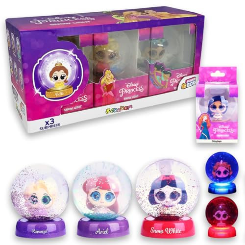 Sbabam FUNNY BOX Disney Princess Snow Light, Palla di Neve con Principesse Disney Luminosa al Buio, 3 Pezzi, Disney Gadget - Palle di Neve Glitter con Principesse Disney Piccole per Regalo Bambina