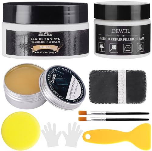 DEWEL Kit de Reparación de Cuero Renovador de Color de Cuero 100g Kit de Reparación Blanco con 50g de Crema Reparadora 50g de Grasa Selladora,para Chaqueta de Coche Ropa de Moto Cuidado del Cuero