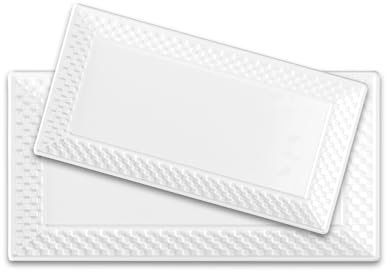 Maison Neuve-Large Ceramic Rectangular Serving Platter Set With Pure White (2-Pack)-14 and 12 Trays. (Basketweave Design)