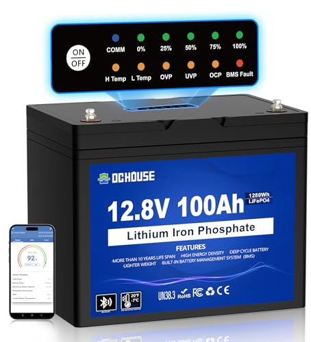 DCHOUSE 12 V 100 Ah LiFePO4 Trolling Motors batteri med SOC-statusindikatorer, Bluetooth och låg temp avstängning, 100 A smart BMS, upp till 15 000 cykler för husvagnar, marin, båt, solcell off-grid