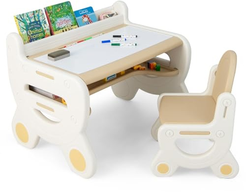 FANTASK Conjunto de Mesa Infantil con Altura e inclinación Ajustable, Mesa con Taburete, para señalar, Aprender, Jugar y Comer, para niños a Partir de 3 años (marrón), Extra Ancho