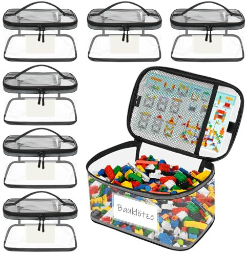 YHANEC 6 Stück Spielzeug Aufbewahrung mit Namensetikett und Anleitung Beutel, wasserdicht klar PVC aufbewahrung Spielzeug mit Reißverschluss für Lego Aufbewahrung, Puzzles, Blöcke und Brettspiele