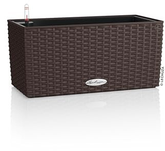 LECHUZA-Pflanzgefäß BALCONERA Cottage 40 Mokka, Balkonkasten mit Bewässerungssystem, Wasserstandsanzeiger und Pflanzeinsatz, Flechtoptik, 40 x 19 x 19 cm, 15472