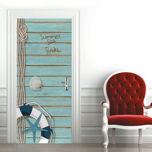 Adesivi per Porte Interne 80x210 Legno Blu Adesivo Porta Tema Mare 3D Pellicola Adesiva Carta da Parati Soggiorno Bagno Autoadesivo Porta Murale Decorazione M3496