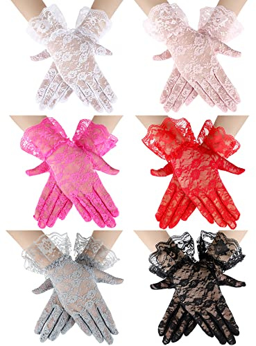 Geyoga 6 Pairs Tea Party Lace Gloves for Little Girls Kids Lace Short Princess Dressing Gloves Halloween Novelty Accessories for Party
