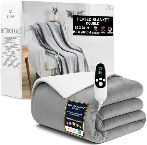 Get Trend Elektrisk värmefilt 150 x 200 cm, sherpa-fleecepläd, 9 nivåer med 12 timmars automatisk avstängning, maskintvättbar, presentidé (ljusgrå, dubbel EU)