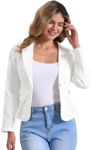 Allegra K Veste en jean élastique pour femme avec col revers un bouton à manches longues décontracté léger de travail